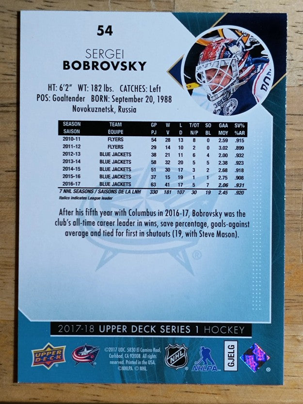 2017-18 Upper Deck #54 Sergei Bobrovsky