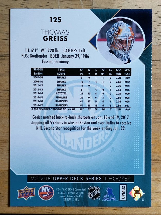2017-18 Upper Deck #125 Thomas Greiss