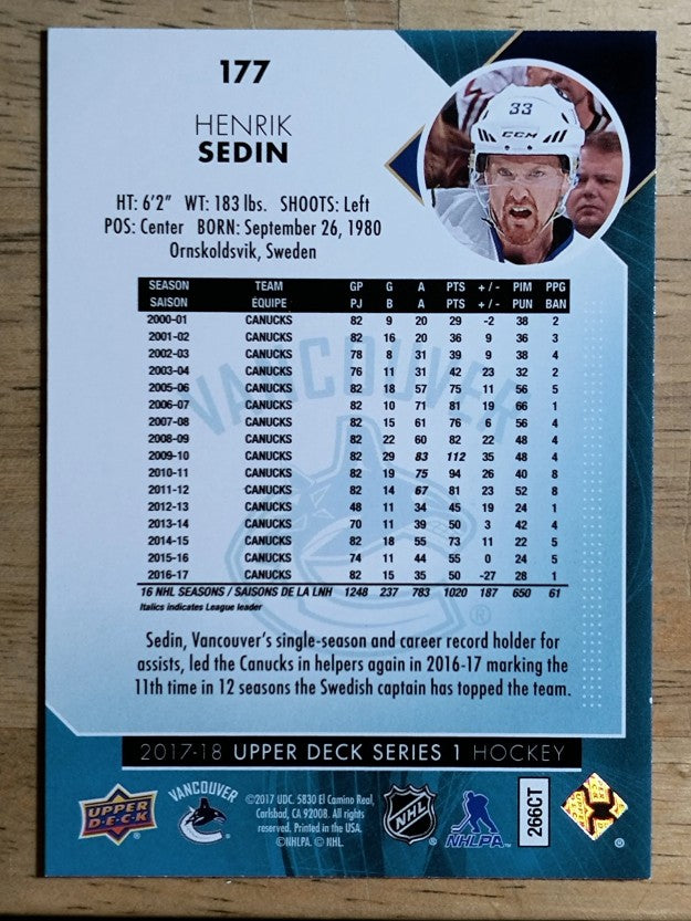 2017-18 Upper Deck #177 Henrik Sedin