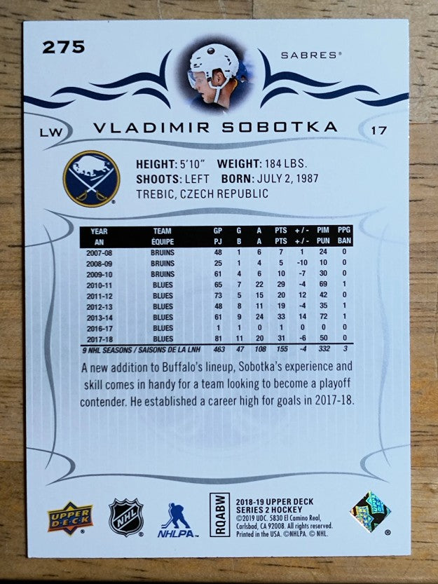 2018-19 Upper Deck #275 Vladimir Sobotka