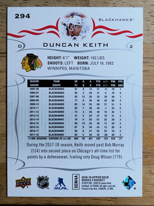 2018-19 Upper Deck #294 Duncan Keith