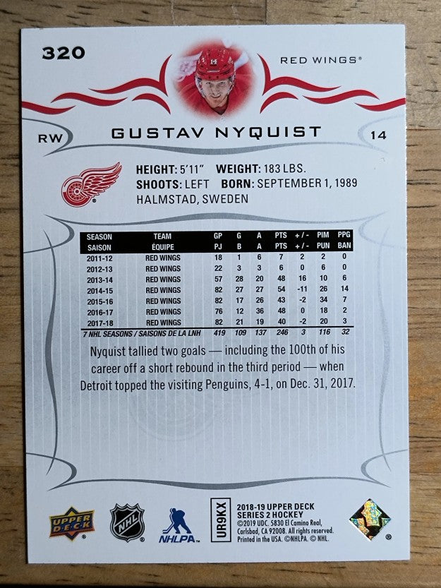 2018-19 Upper Deck #320 Gustav Nyquist