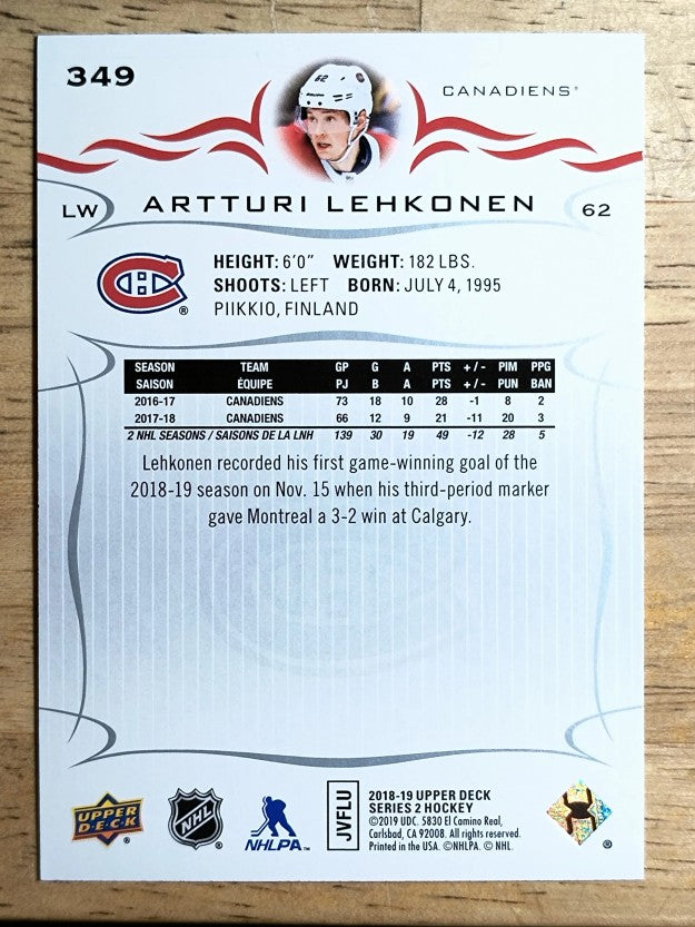 2018-19 Upper Deck #349 Artturi Lehkonen