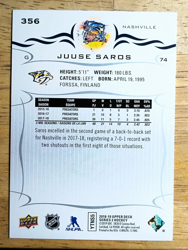 2018-19 Upper Deck #356 Juuse Saros