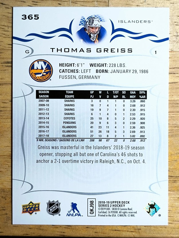 2018-19 Upper Deck #365 Thomas Greiss