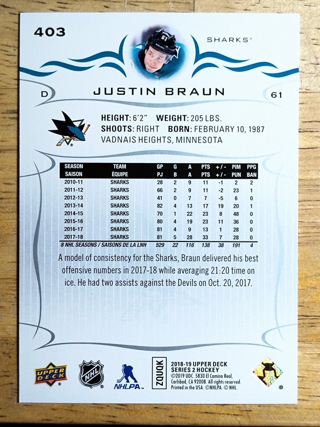 2018-19 Upper Deck #403 Justin Braun