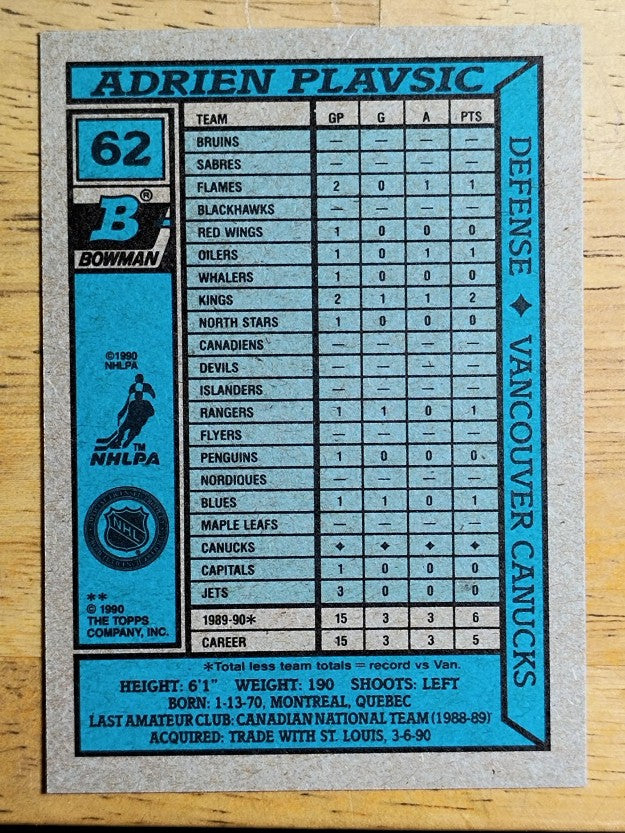 1990-91 Bowman #62 Adrien Plavsic RC
