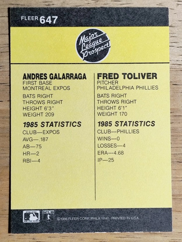 1986 Fleer #647 Andres Galarraga RC