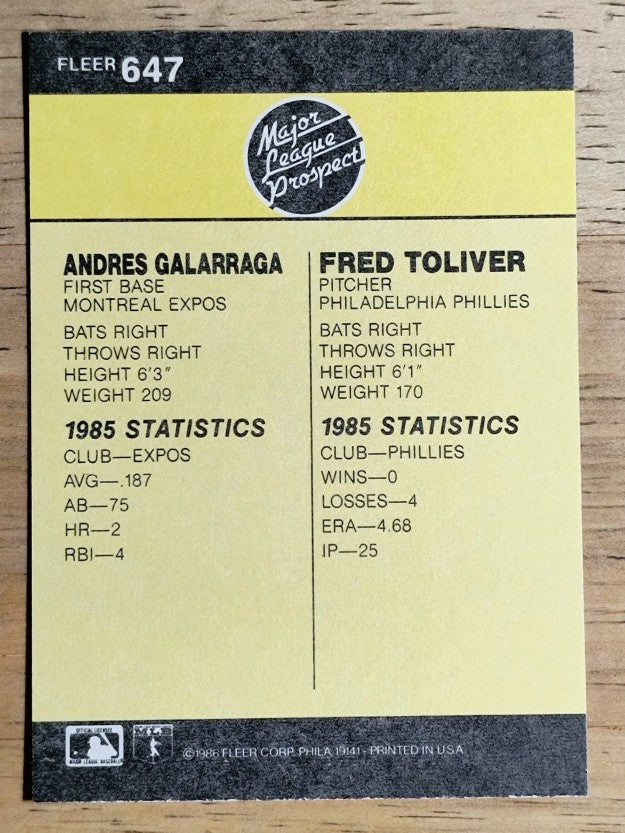 1986 Fleer #647 Andres Galarraga RC