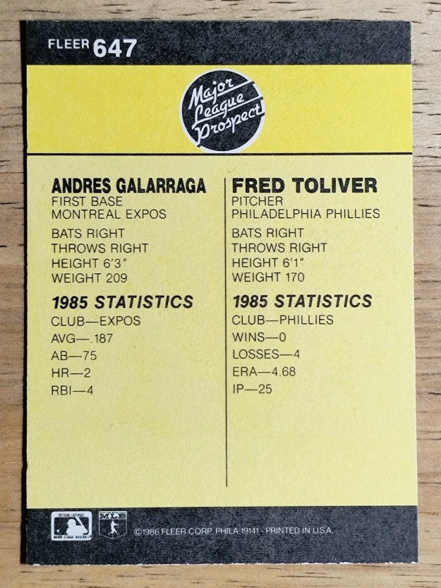 1986 Fleer #647 Andres Galarraga RC