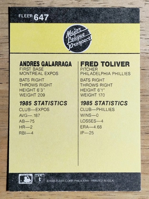 1986 Fleer #647 Andres Galarraga RC
