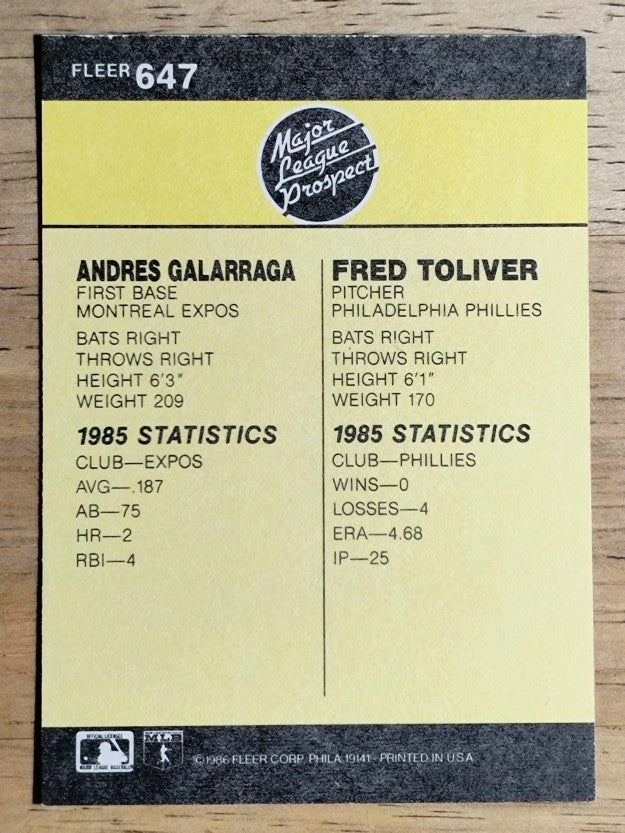 1986 Fleer #647 Andres Galarraga RC
