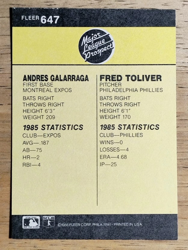 1986 Fleer #647 Andres Galarraga RC