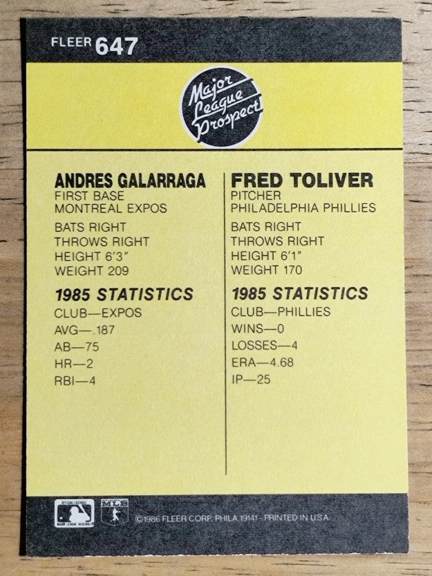 1986 Fleer #647 Andres Galarraga RC