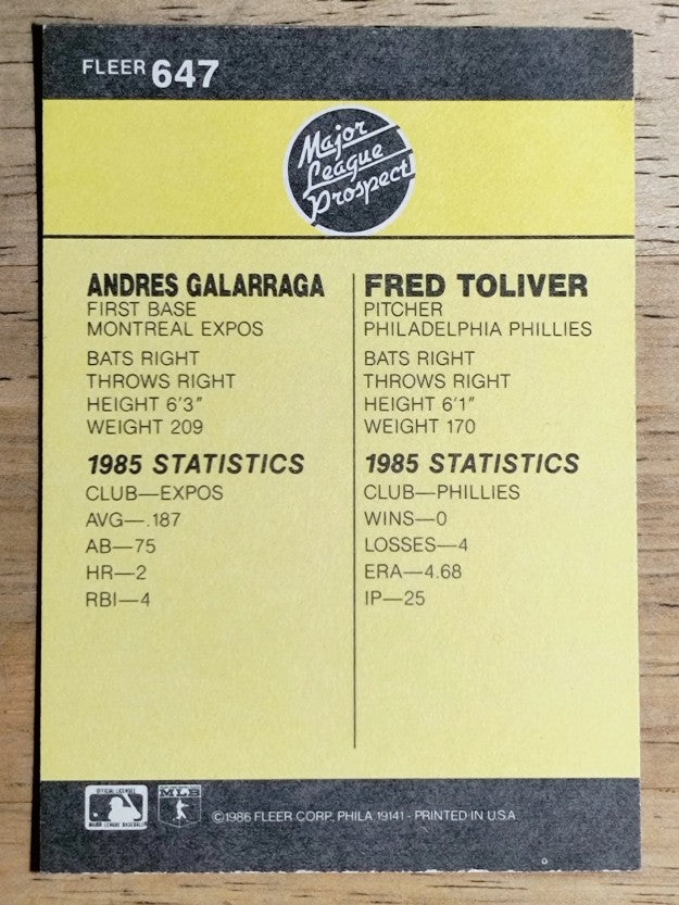 1986 Fleer #647 Andres Galarraga RC