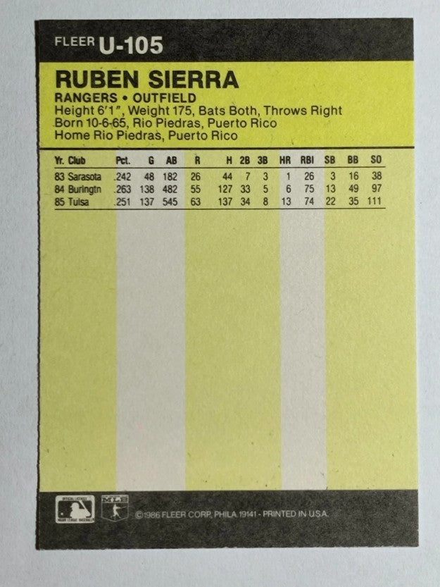 1986 Fleer Update #U105 Ruben Sierra XRC