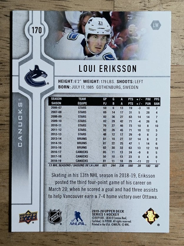 2019-20 Upper Deck #170 Loui Eriksson