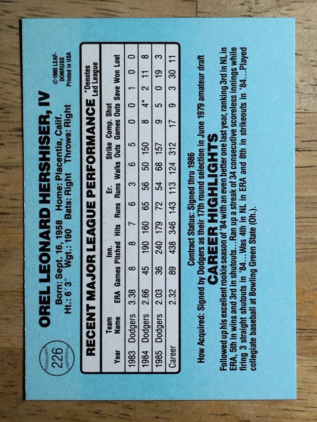 1986 Donruss #226 Orel Hershiser