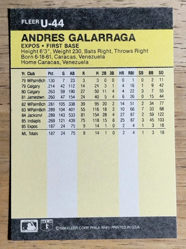 1986 Fleer Update #U44 Andres Galarraga