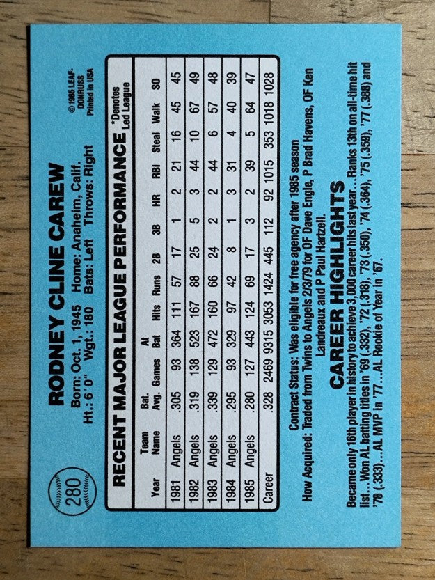 1986 Donruss #280 Rod Carew