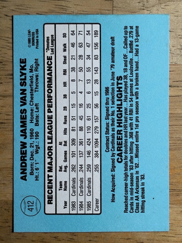 1986 Donruss #412 Andy Van Slyke