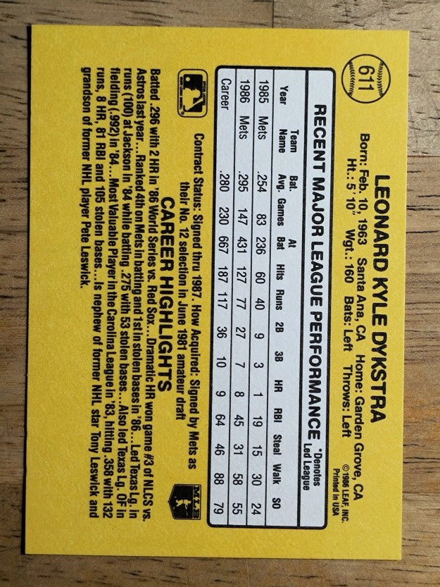1987 Donruss #611 Len Dykstra