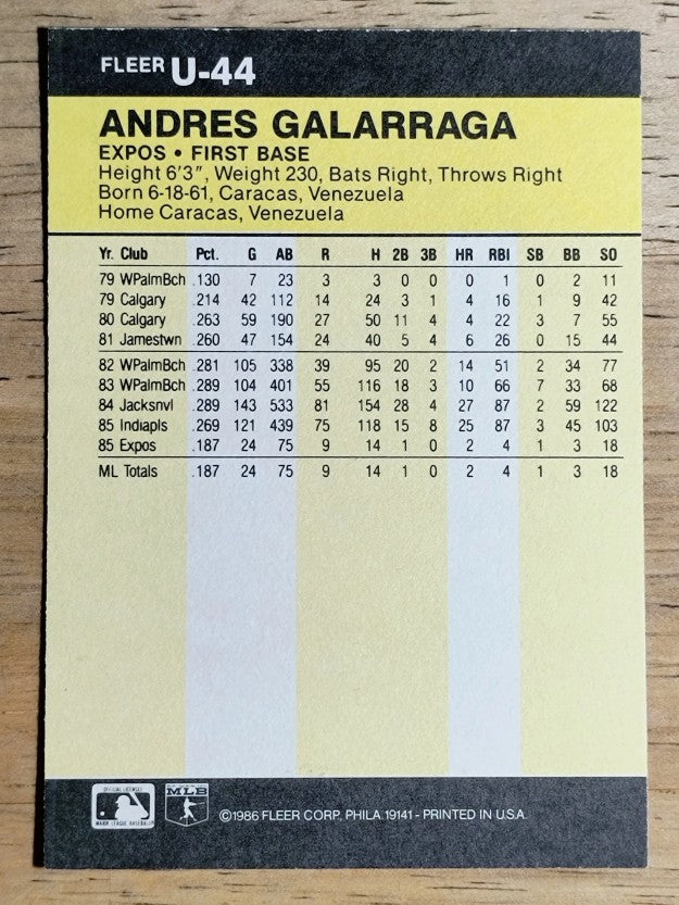 1986 Fleer Update #U44 Andres Galarraga