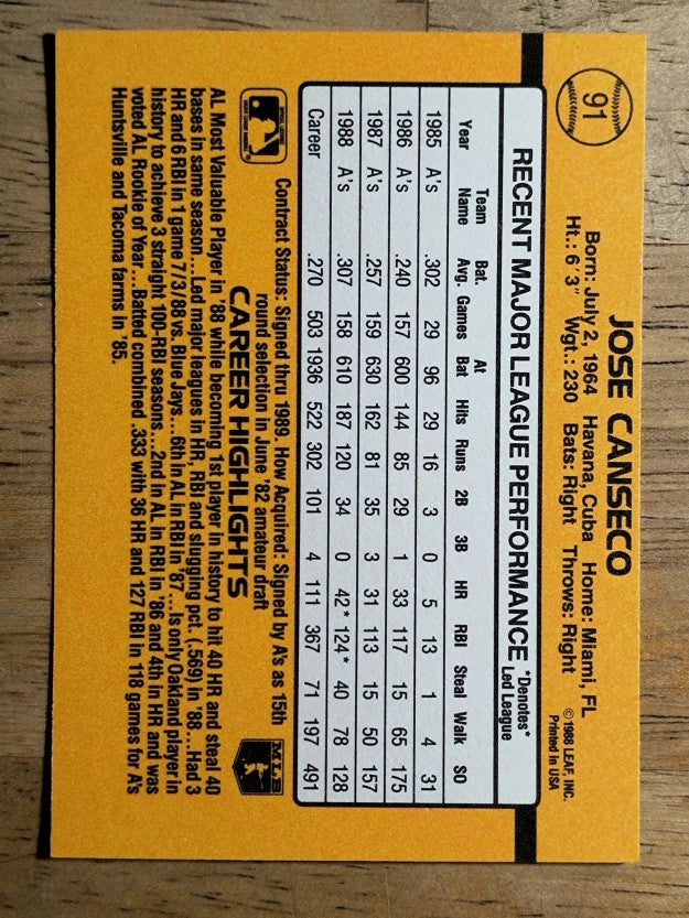 1989 Donruss #91 Jose Canseco
