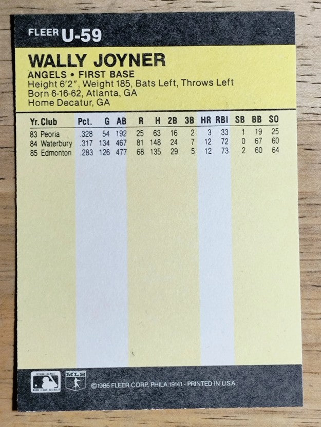 1986 Fleer Update #U59 Wally Joyner XRC