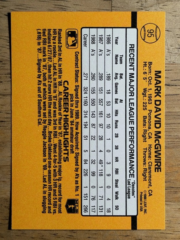 1989 Donruss #95 Mark McGwire