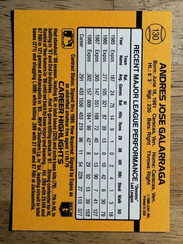 1989 Donruss #130 Andres Galarraga