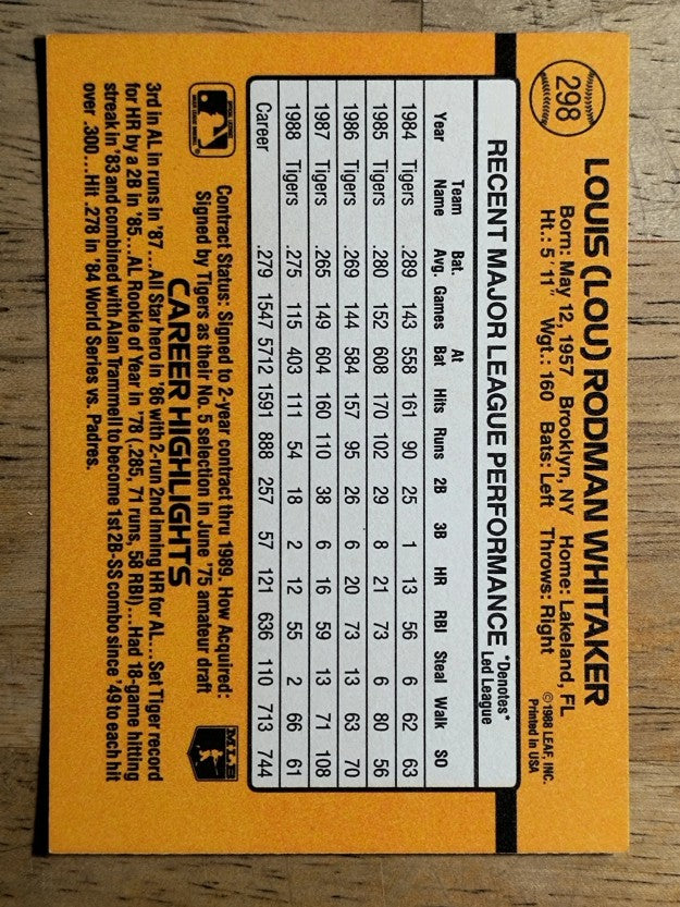 1989 Donruss #298 Lou Whitaker