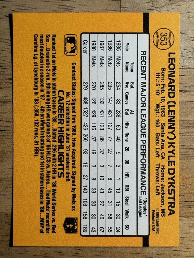 1989 Donruss #353 Len Dykstra