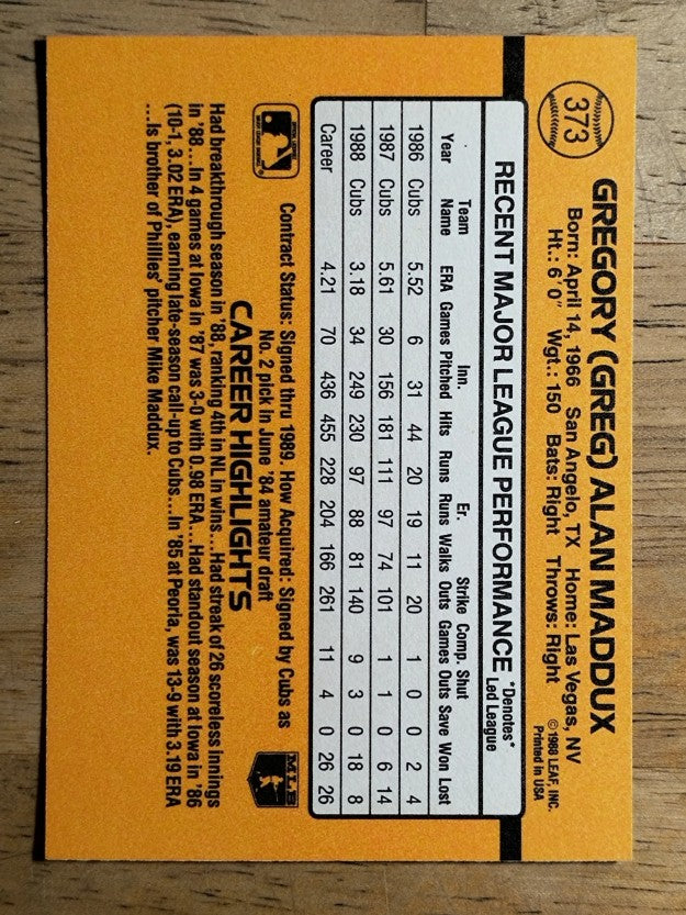 1989 Donruss #373 Greg Maddux