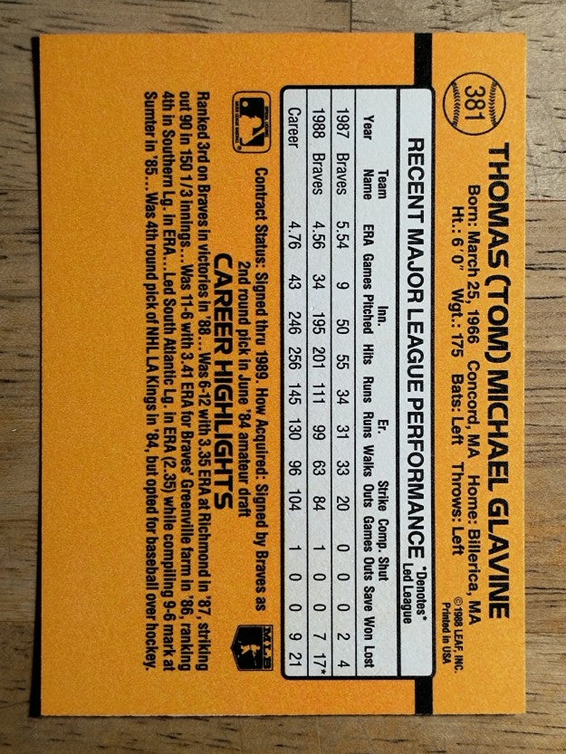 1989 Donruss #381 Tom Glavine