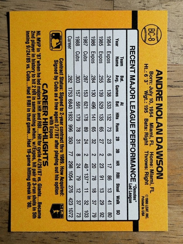 1989 Donruss Bonus MVP's #BC8 Andre Dawson