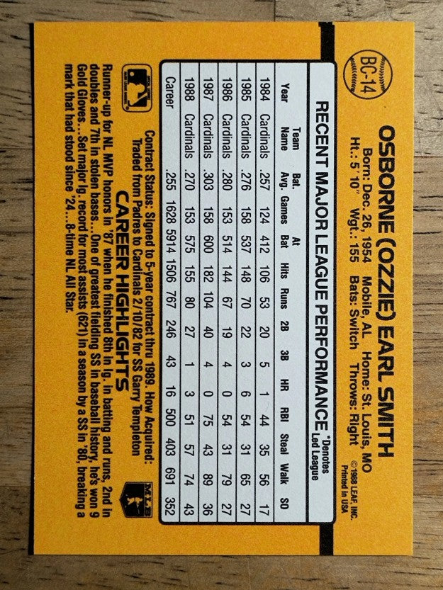 1989 Donruss Bonus MVP's #BC14 Ozzie Smith