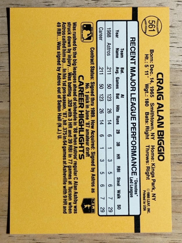 1989 Donruss #561 Craig Biggio DP RC