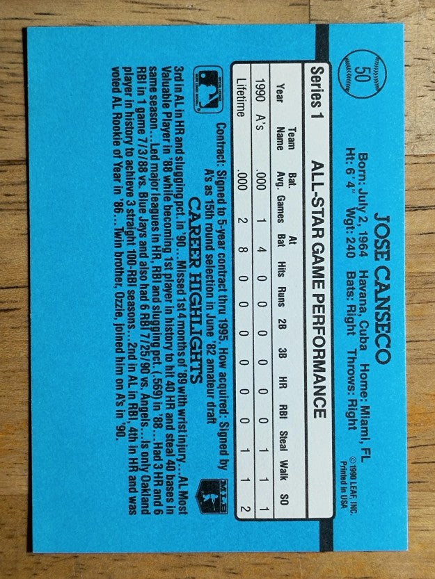 1991 Donruss #50A Jose Canseco AS ERR/Team in stat box is A's