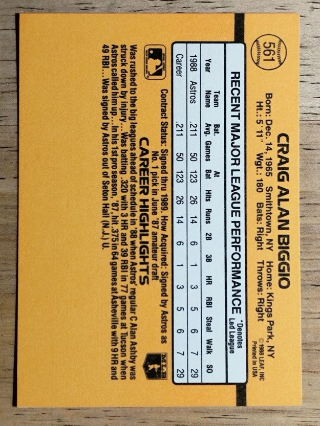 1989 Donruss #561 Craig Biggio DP RC