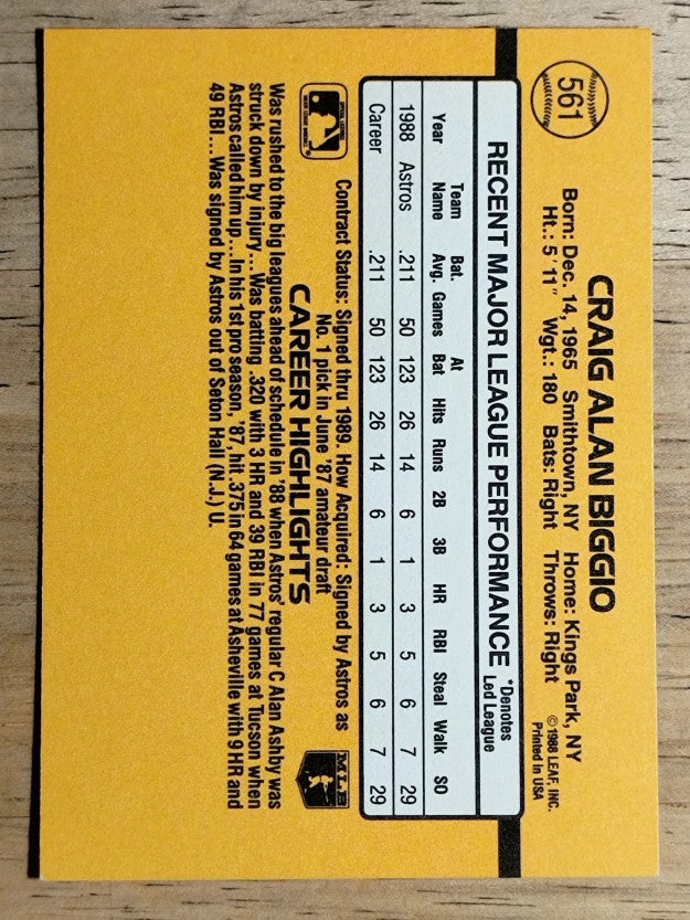 1989 Donruss #561 Craig Biggio DP RC