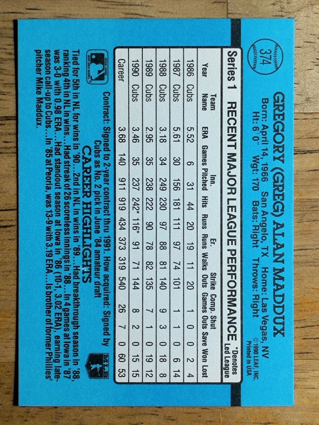 1991 Donruss #374 Greg Maddux