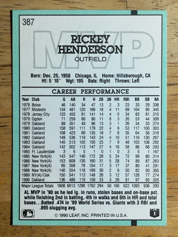 1991 Donruss #387 Rickey Henderson MVP