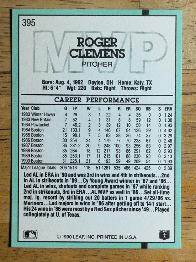 1991 Donruss #395 Roger Clemens MVP