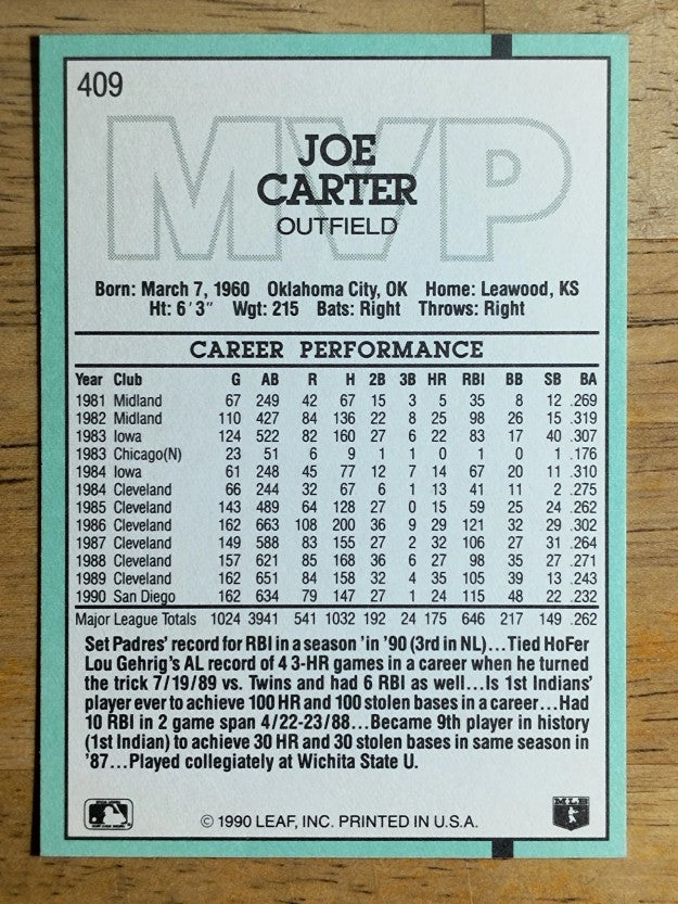 1991 Donruss #409 Joe Carter MVP
