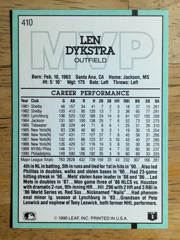 1991 Donruss #410 Len Dykstra MVP