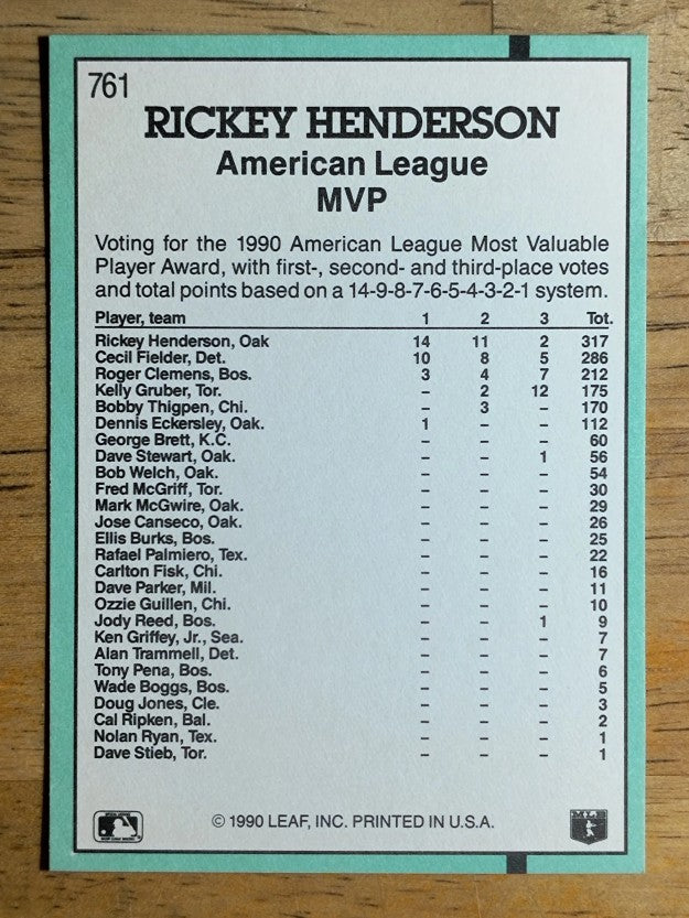1991 Donruss #761 Rickey Henderson MVP