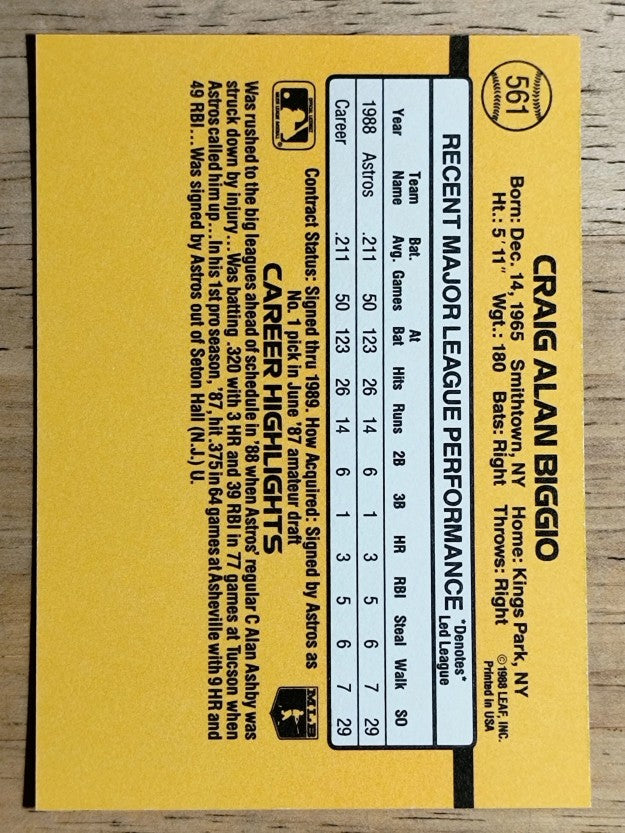 1989 Donruss #561 Craig Biggio DP RC