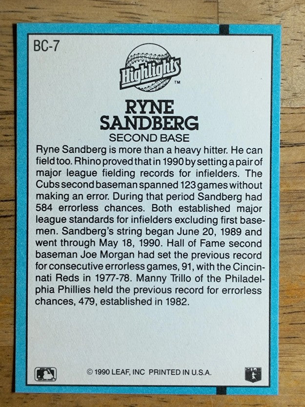 1991 Donruss Bonus Cards #BC7 Ryne Sandberg