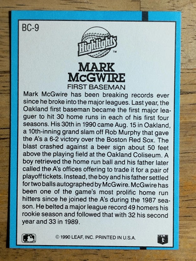 1991 Donruss Bonus Cards #BC9 Mark McGwire